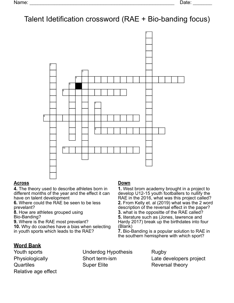 Talent Idetification crossword (RAE + Bio-banding focus)