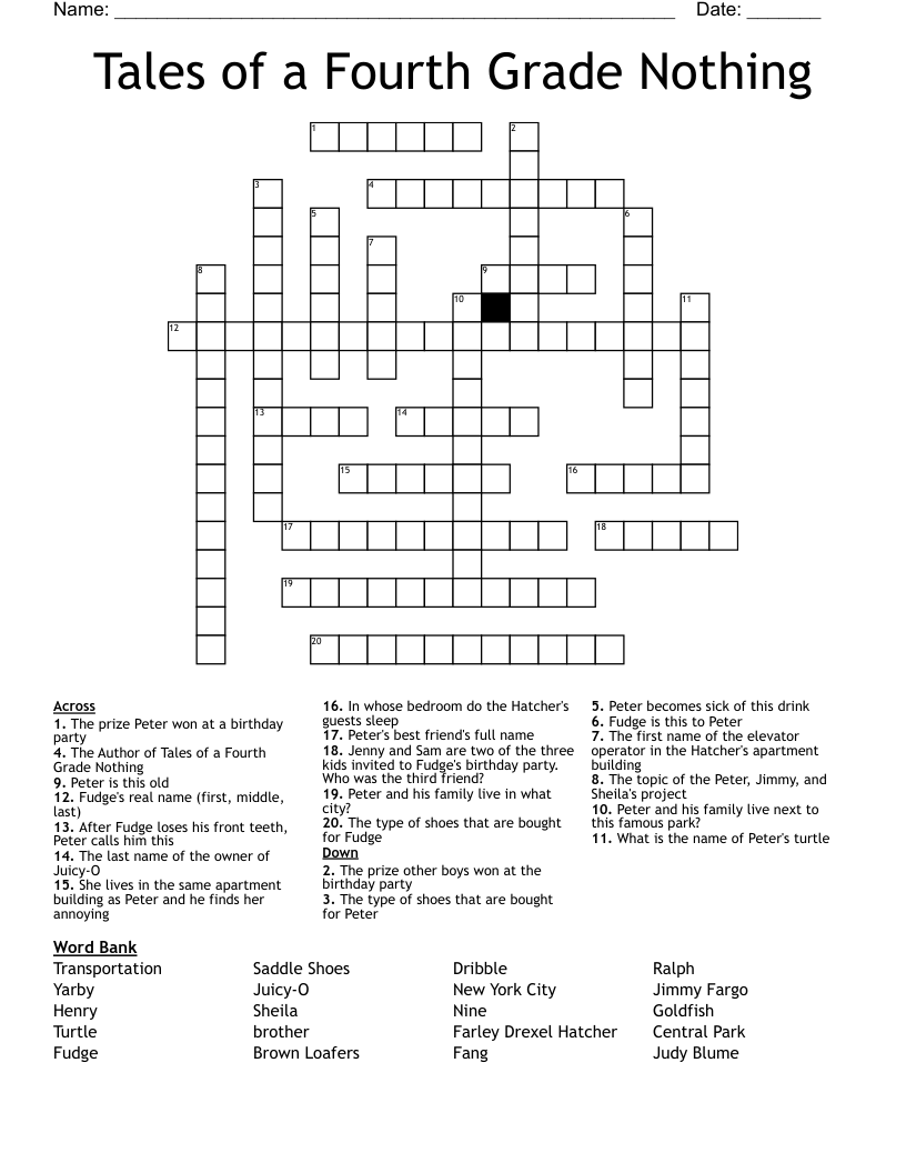 Tales of a Fourth Grade Nothing Crossword