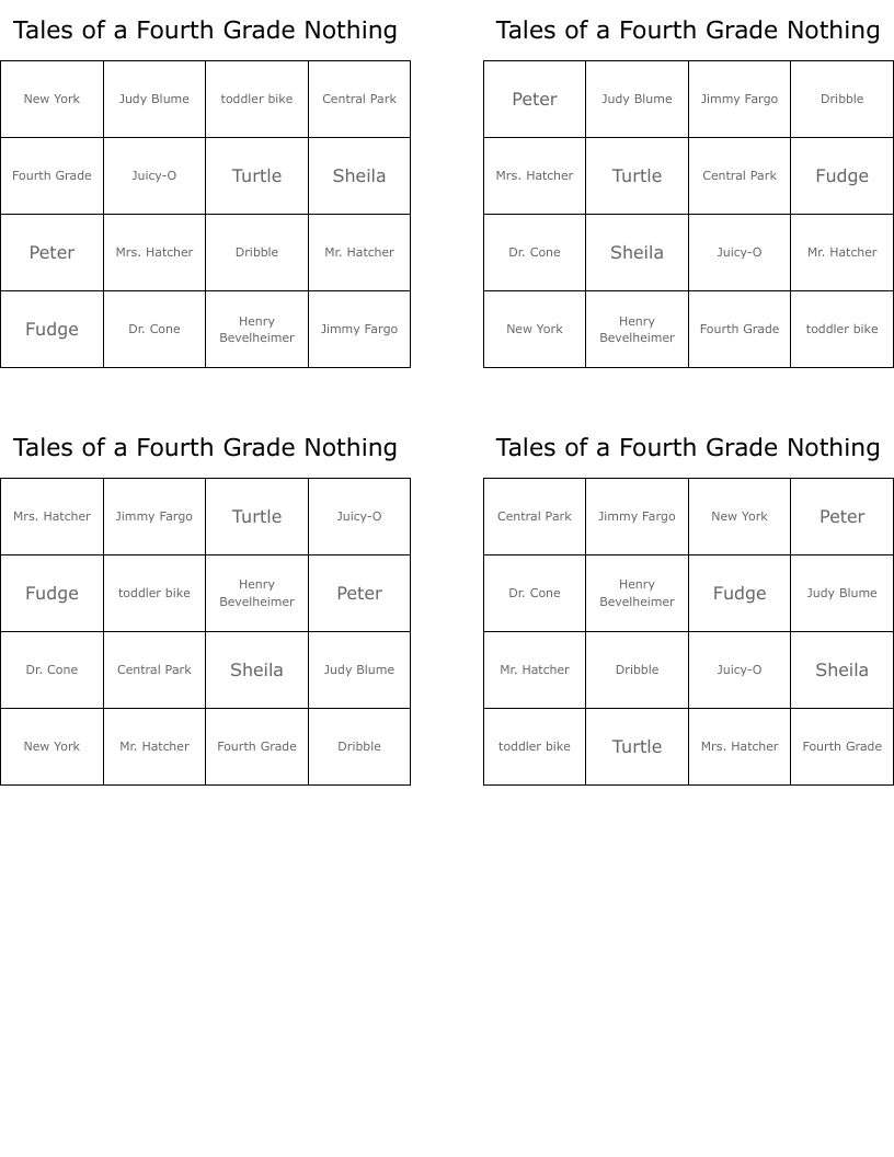 Tales of a Fourth Grade Nothing Bingo Cards