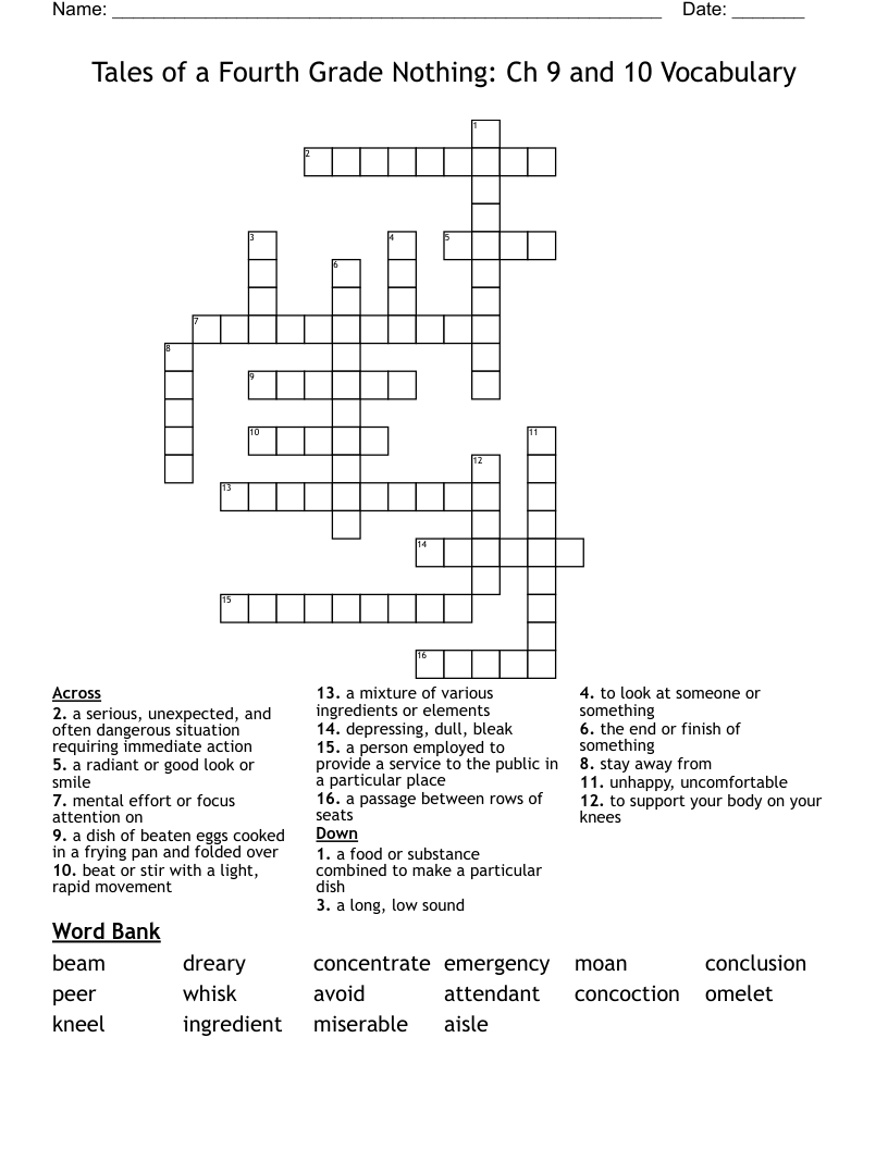 Tales of a Fourth Grade Nothing: Ch 9 and 10 Vocabulary Crossword