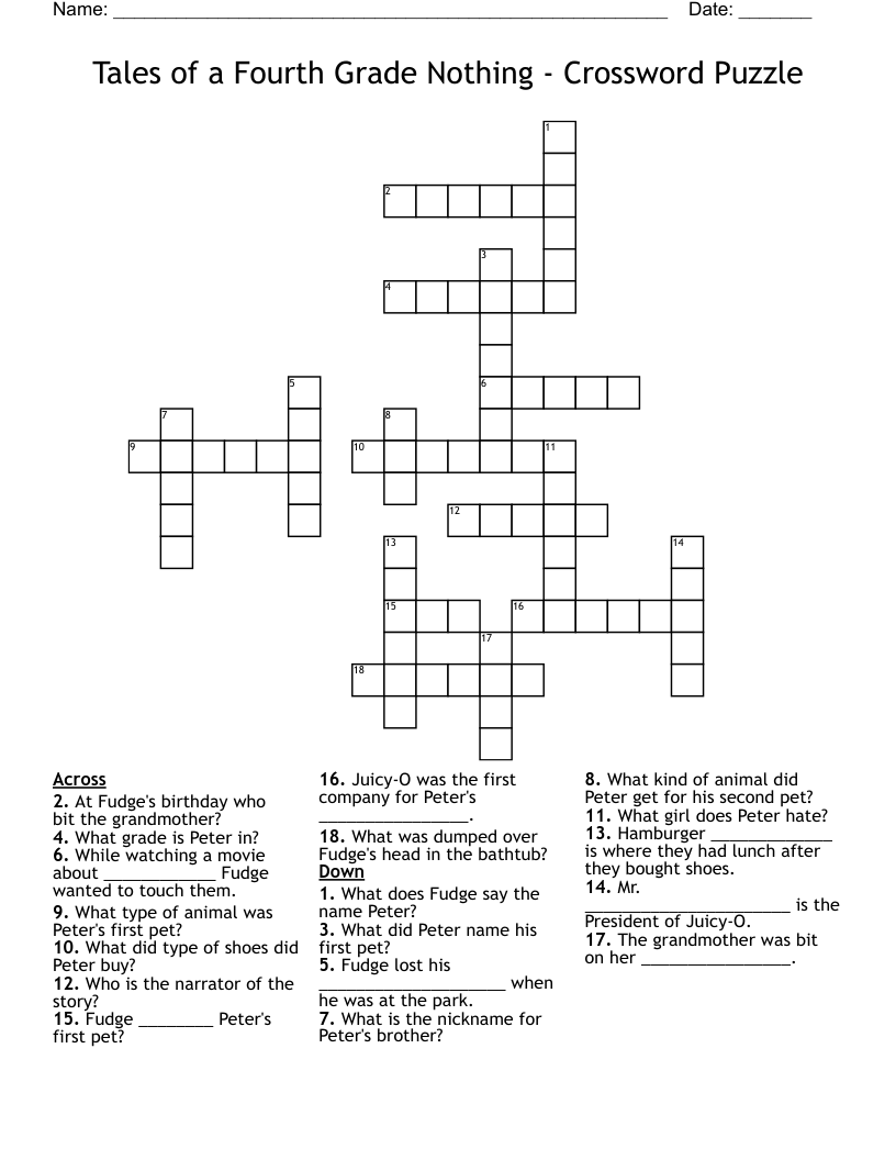 Tales of a Fourth Grade Nothing - Crossword Puzzle