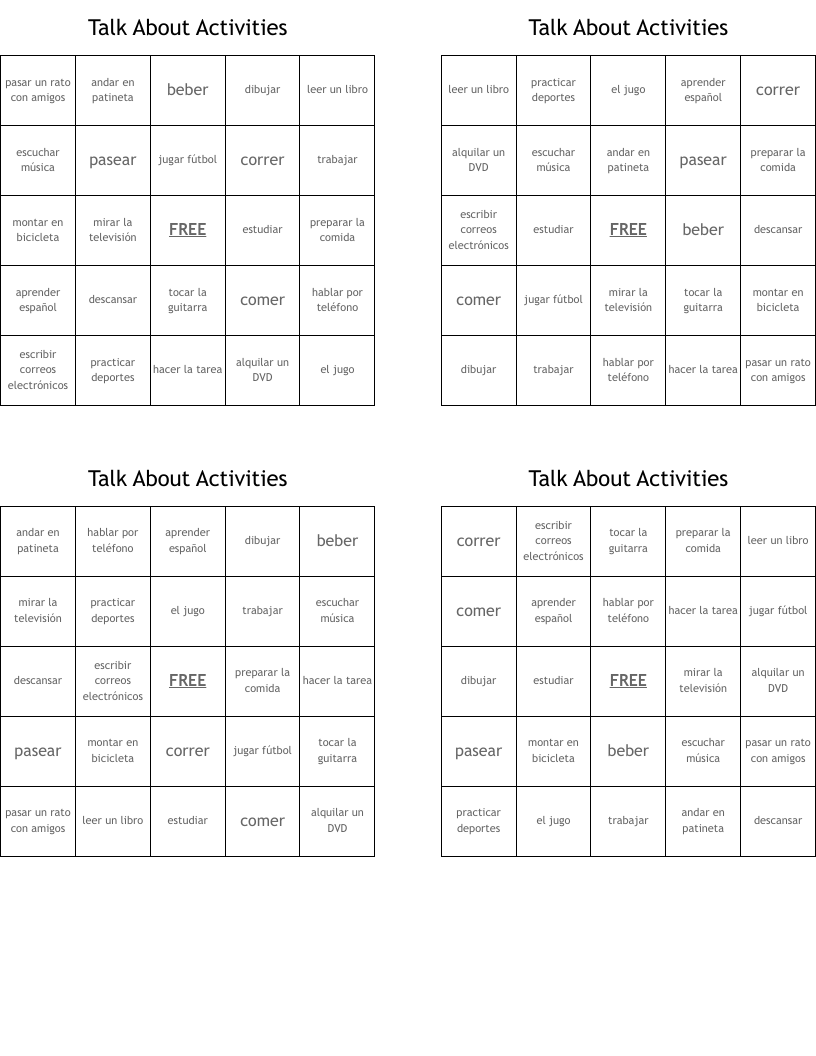 Talk About Activities  Bingo Cards