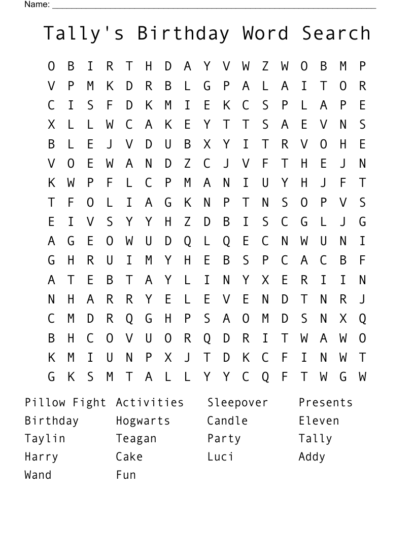 Tally's Birthday Word Search