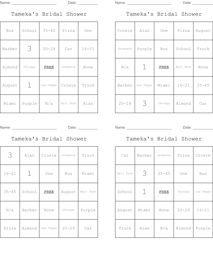 Tameka's Bridal Shower Bingo Cards