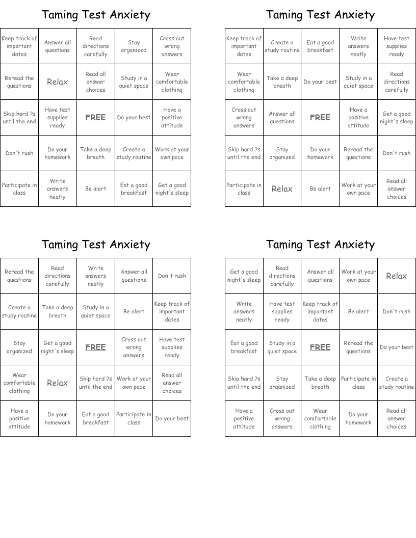 Taming Test Anxiety  Bingo Cards