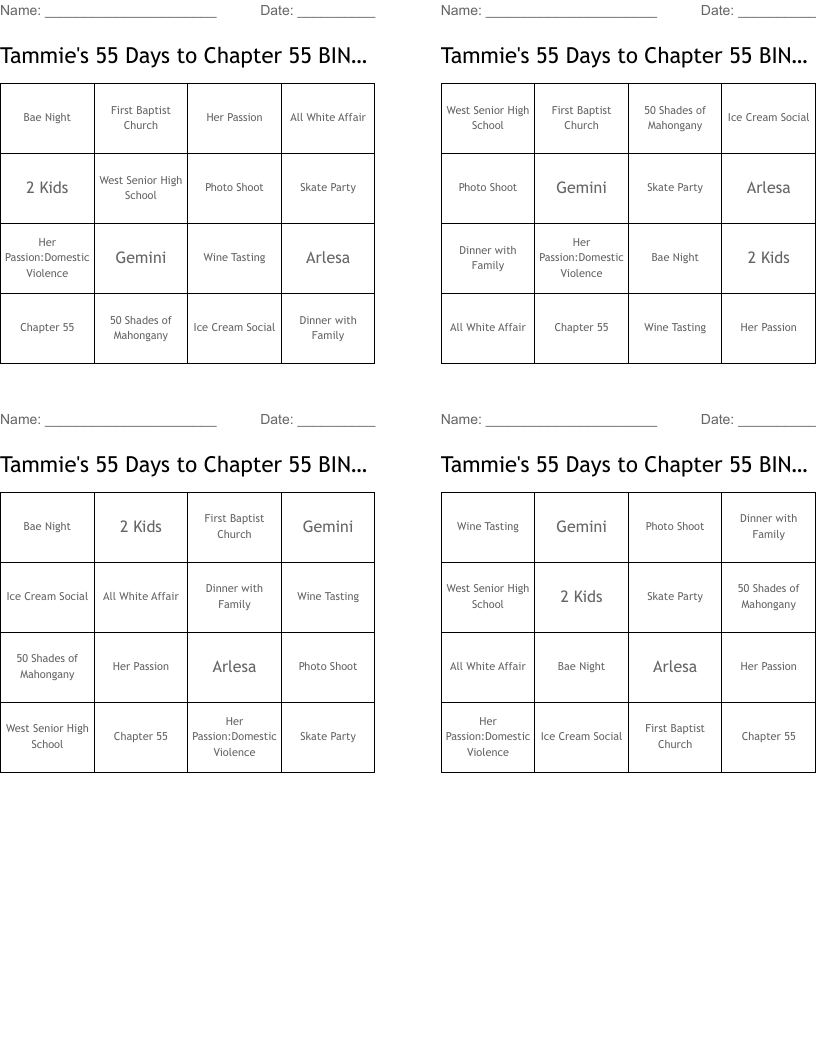 Tammie's 55 Days to Chapter 55 BINGO