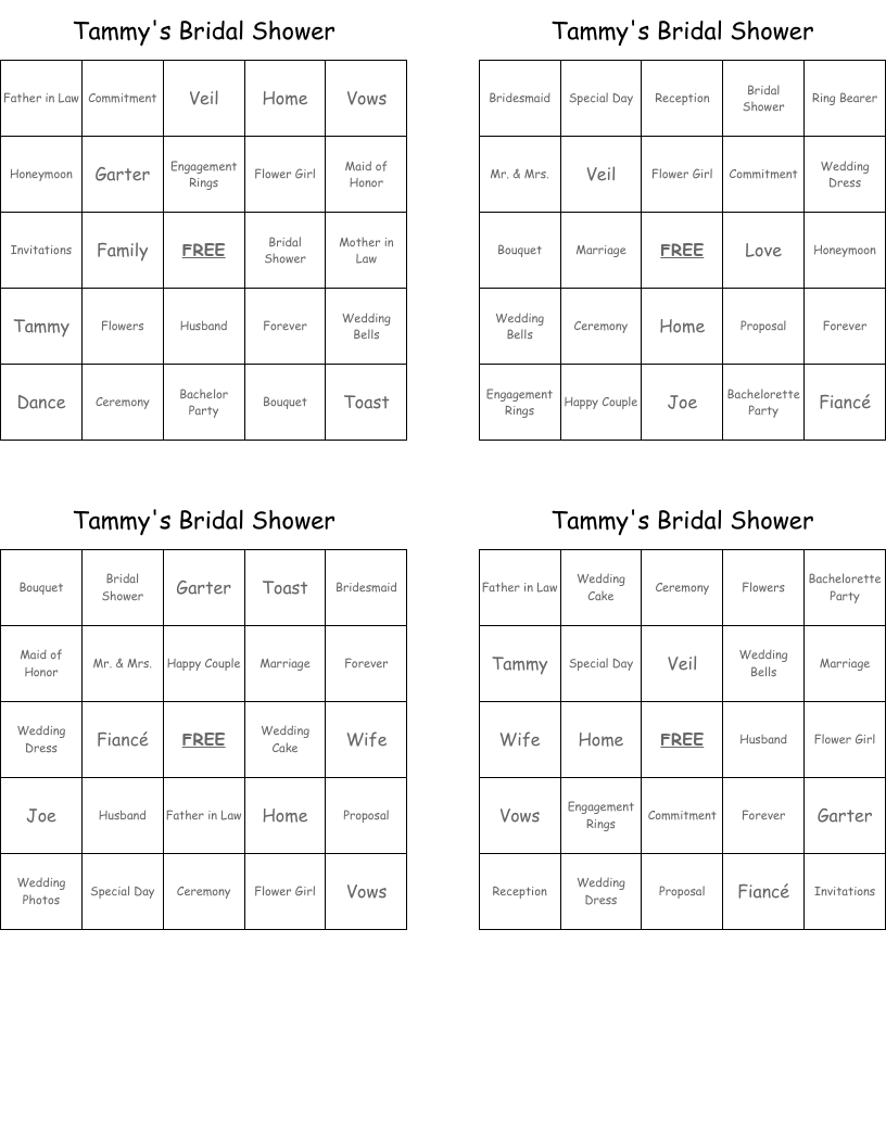 Tammy's Bridal Shower Bingo Cards