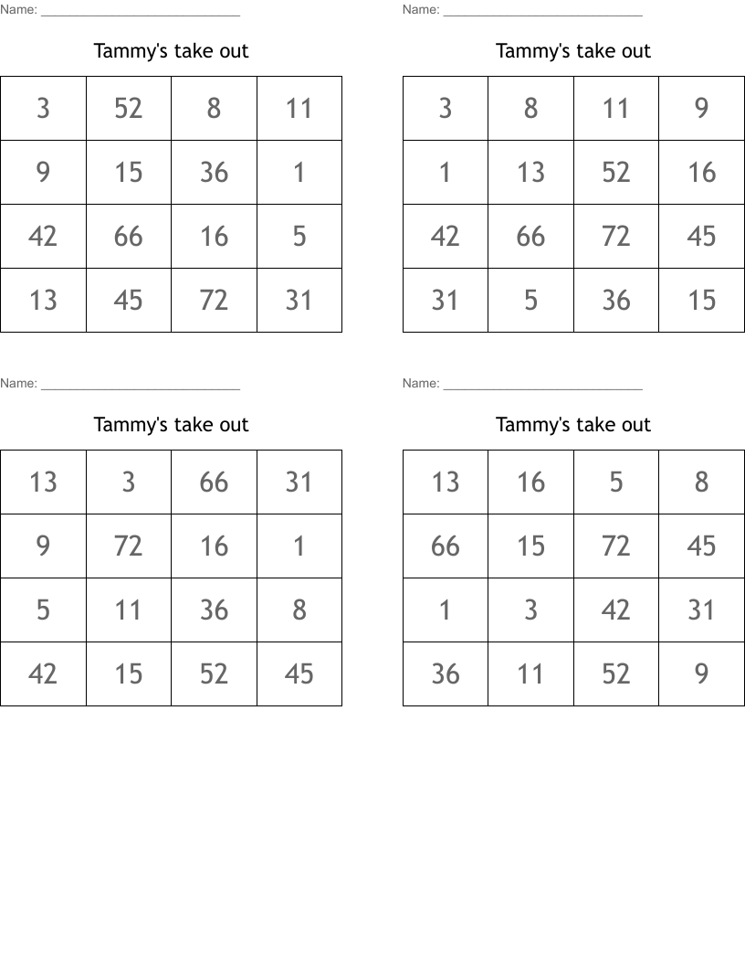 Tammy's take out  Bingo Cards