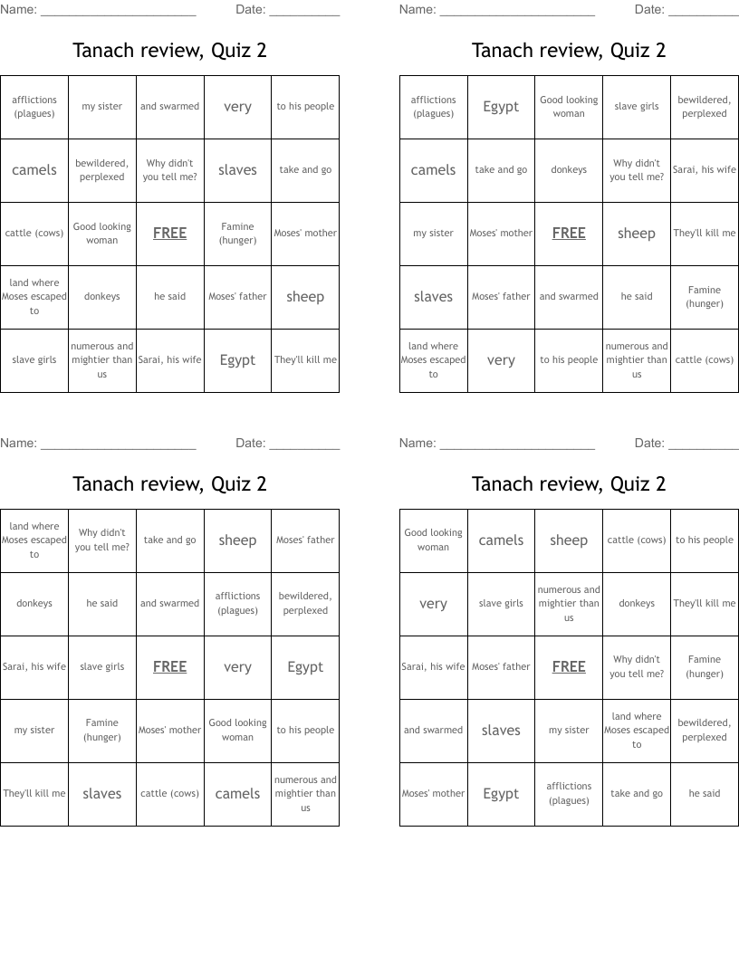 Tanach review, Quiz 2 Bingo Cards