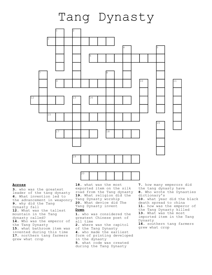 Tang Dynasty Crossword