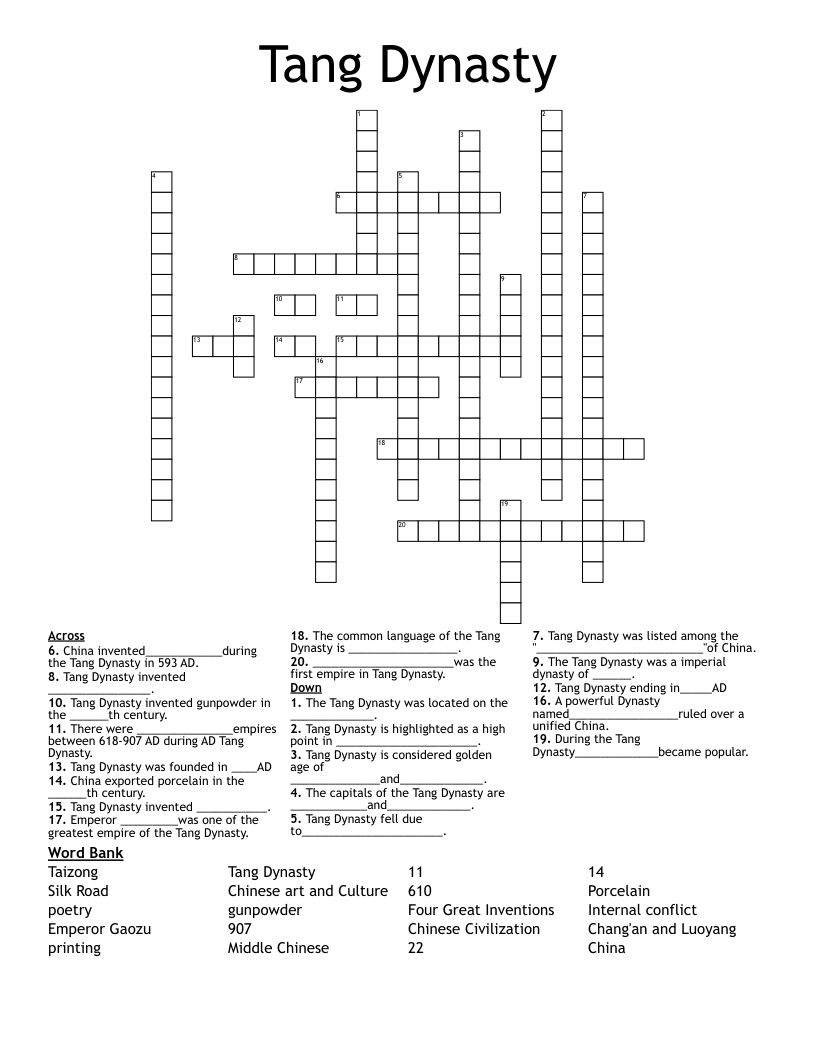 Tang Dynasty Crossword