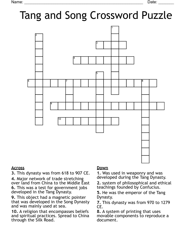 Tang and Song Crossword Puzzle