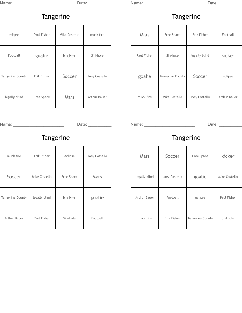 Tangerine Bingo Cards