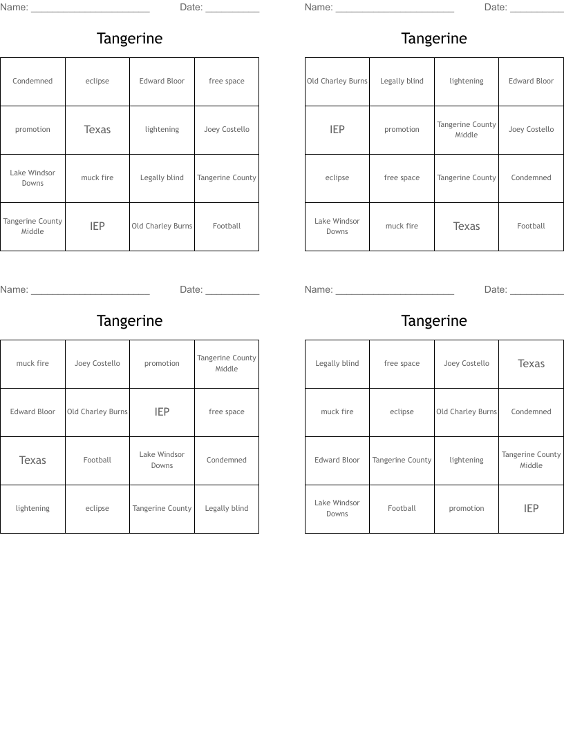 Tangerine Bingo Cards