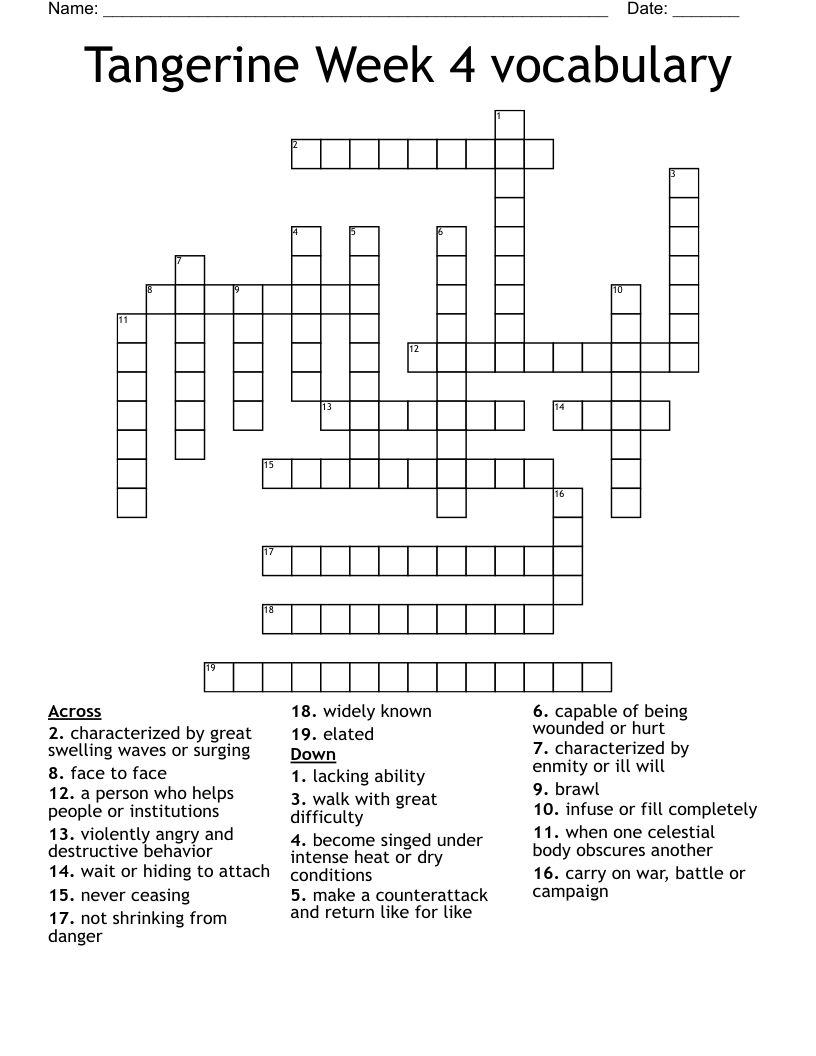 Tangerine Week 4 vocabulary Crossword