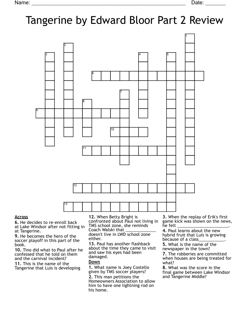 Tangerine by Edward Bloor Part 2 Review Crossword