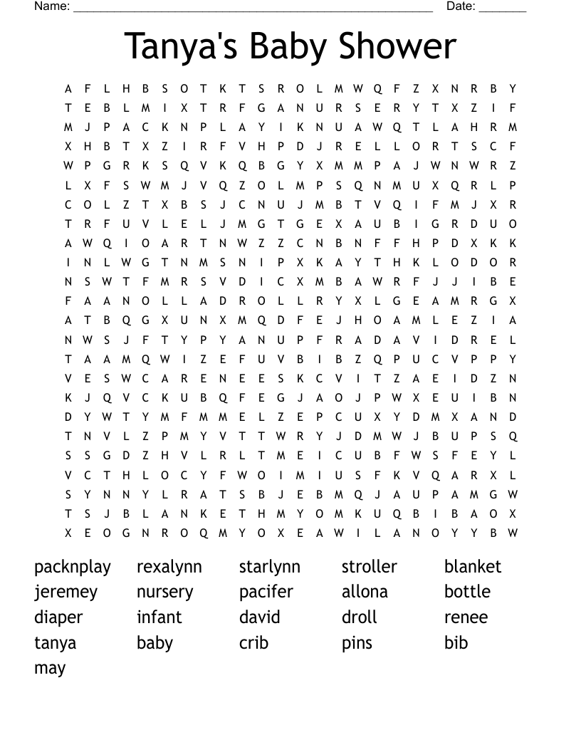 Tanya's Baby Shower Word Search