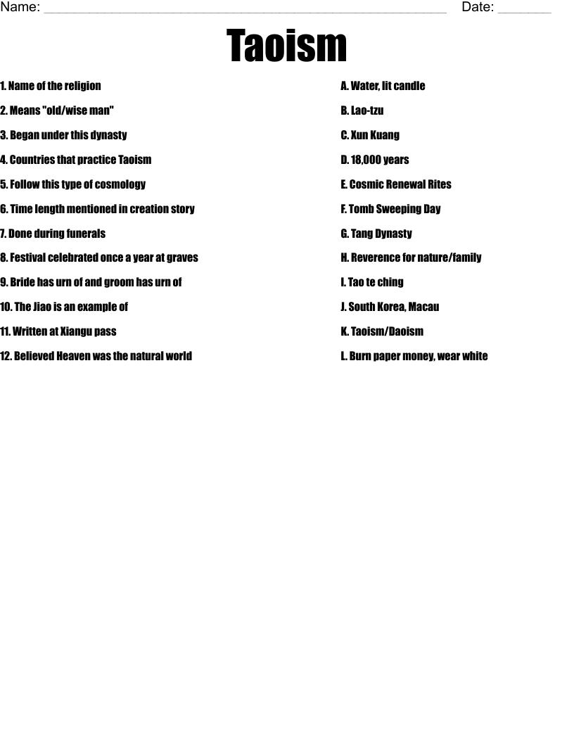 Taoism Worksheet