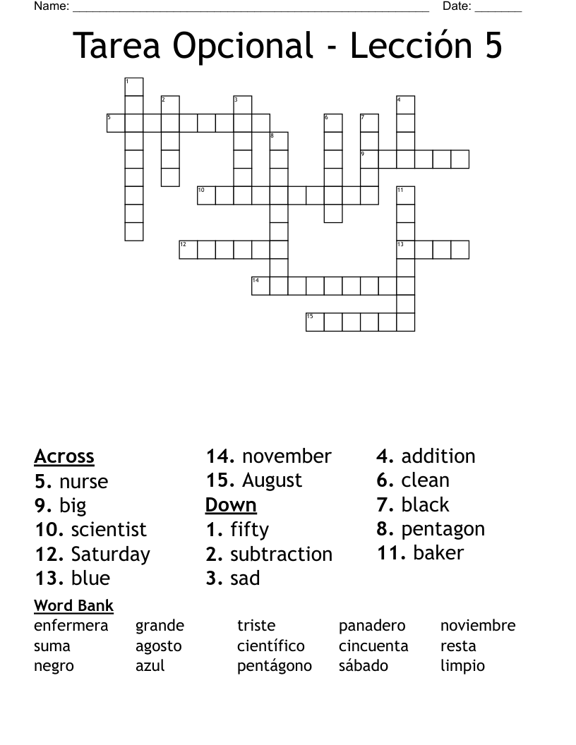 Tarea Opcional - Lección 5 Crossword