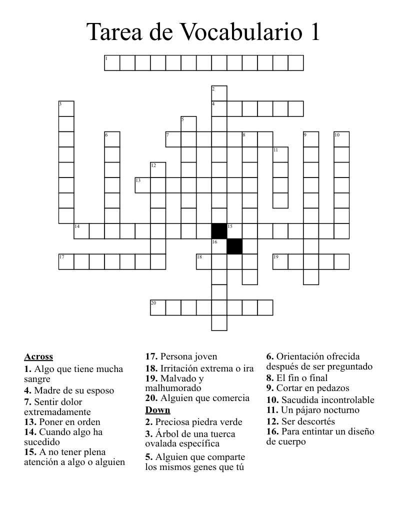 Tarea de Vocabulario 1 Crossword