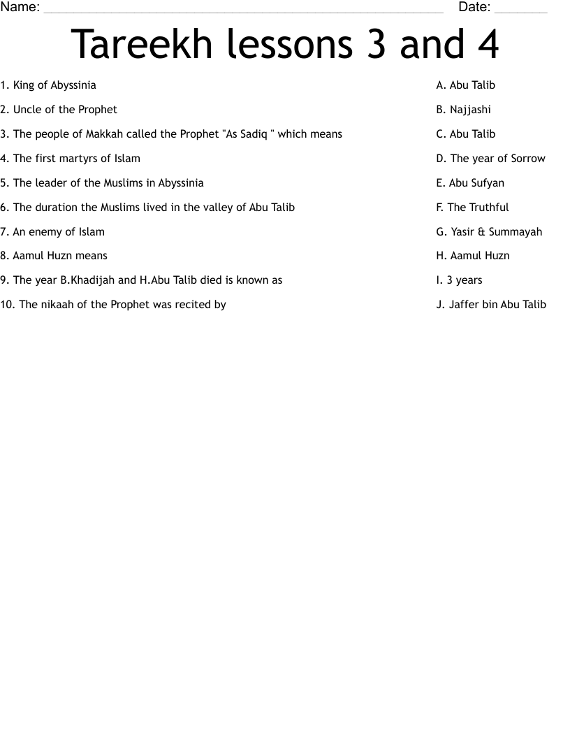 Tareekh lessons 3 and 4    Worksheet