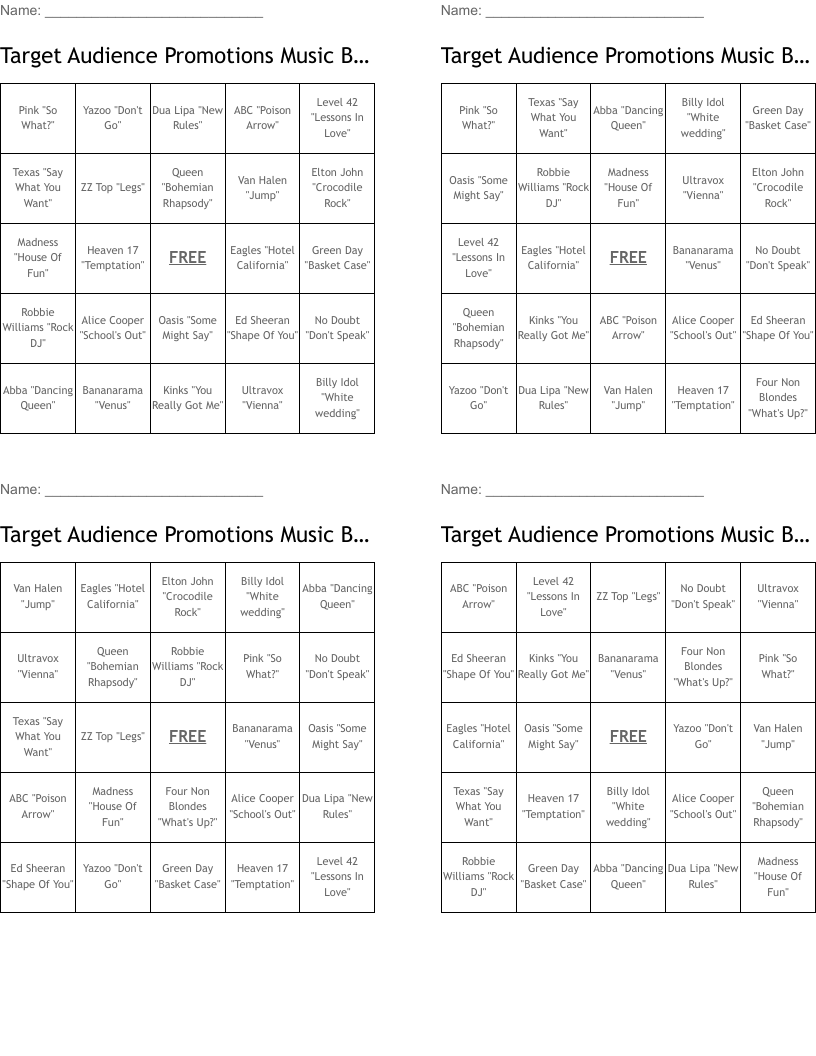 Target Audience Promotions Music Bingo