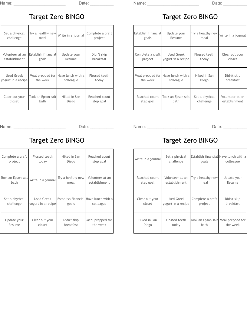 Target Zero BINGO