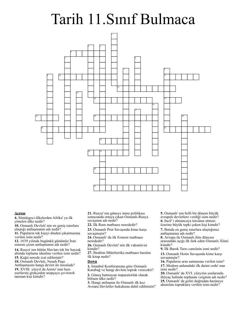 Tarih 11.Sınıf Bulmaca Crossword
