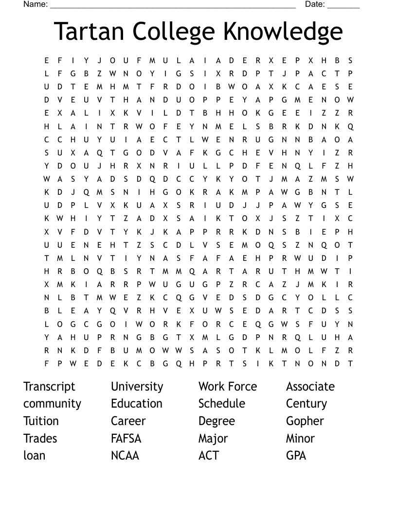 Tartan College Knowledge  Word Search