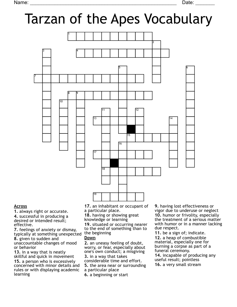 Tarzan of the Apes Vocabulary Crossword