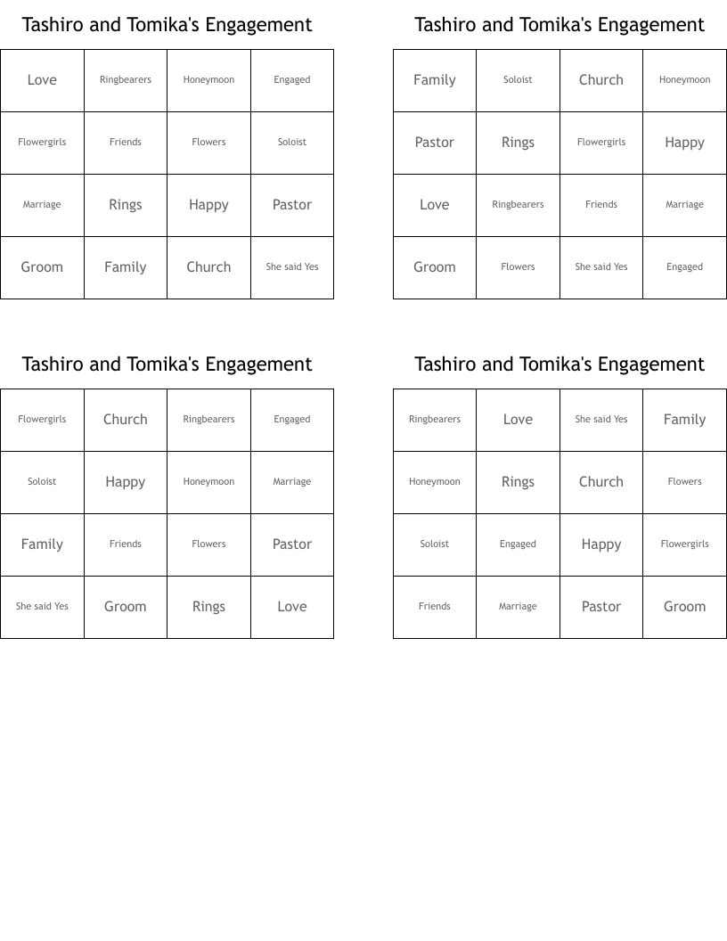 Tashiro and Tomika's Engagement Bingo Cards