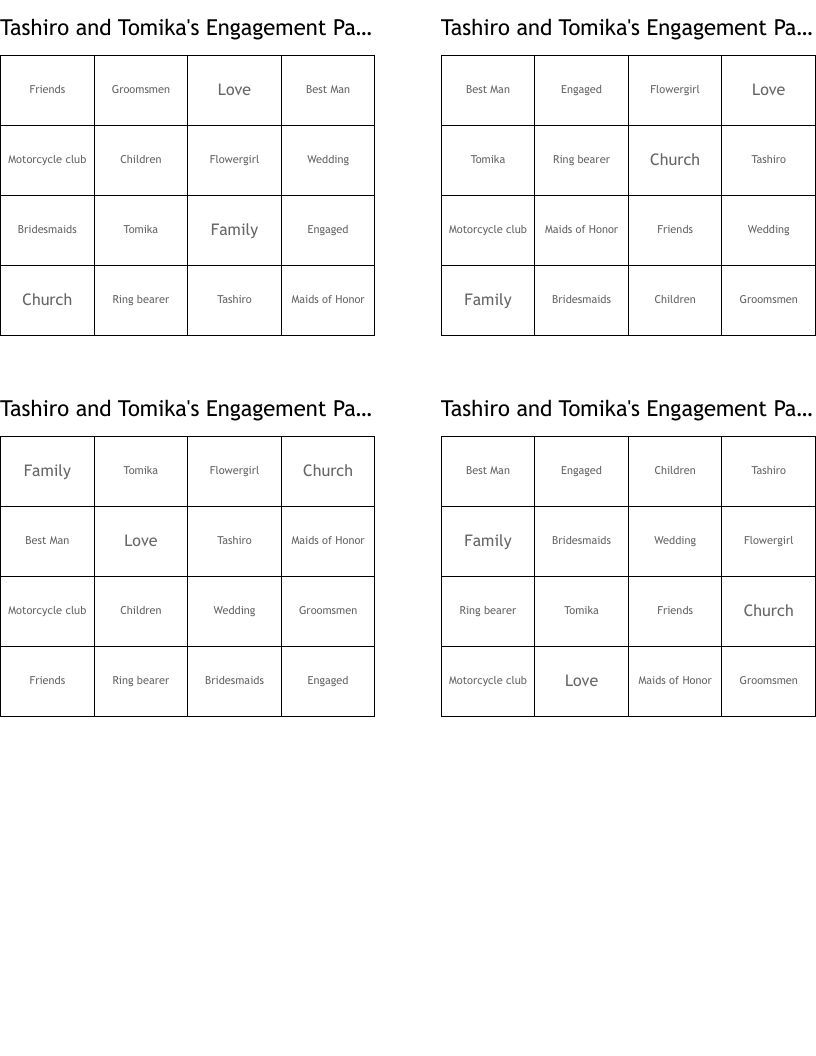 Tashiro and Tomika's Engagement Party Bingo Cards