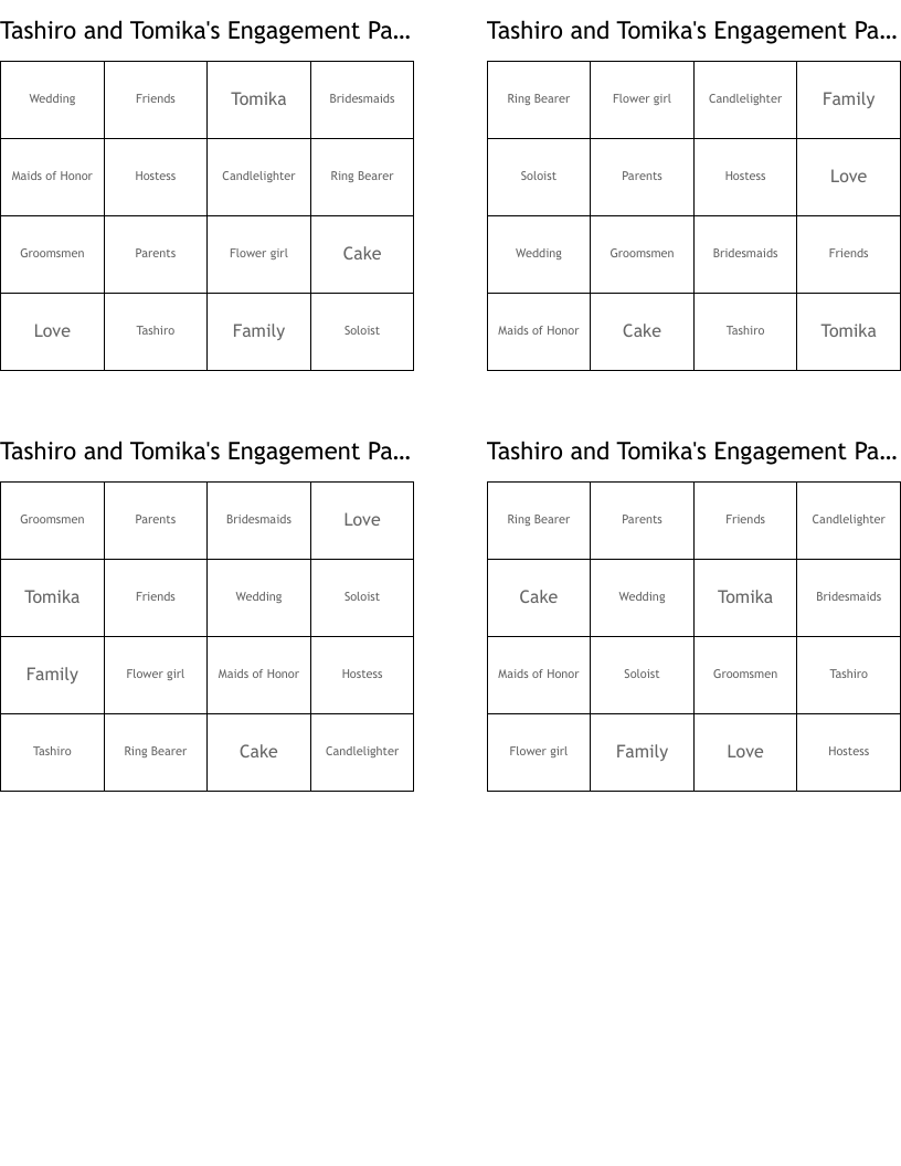 Tashiro and Tomika's Engagement Party Bingo Cards