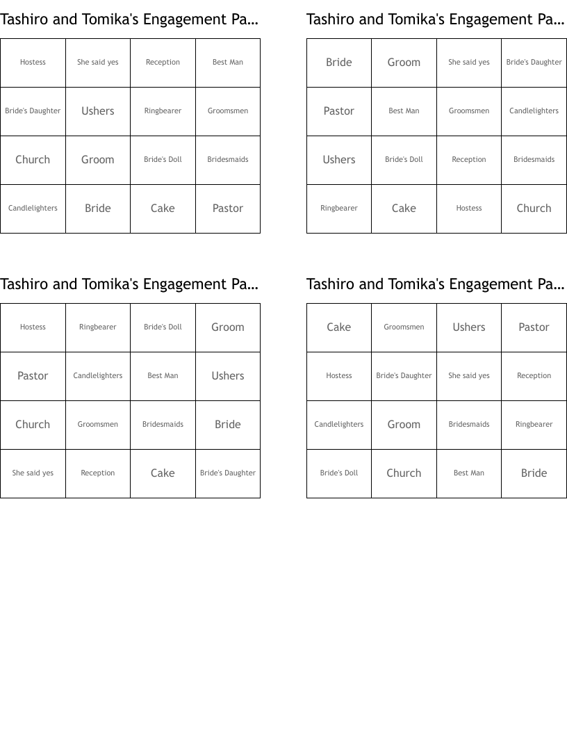 Tashiro and Tomika's Engagement Party Bingo Cards