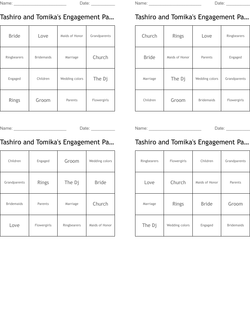 Tashiro and Tomika's Engagement Party Bingo Cards