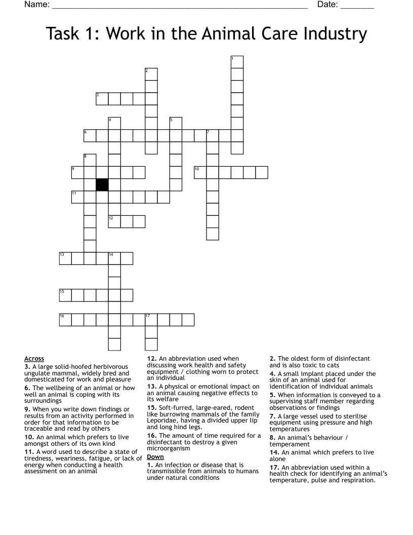 Task 1: Work in the Animal Care Industry  Crossword