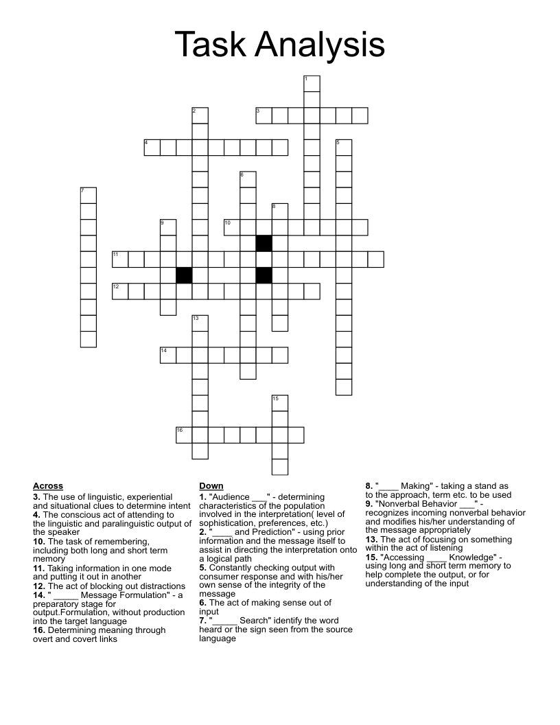 Task Analysis Crossword