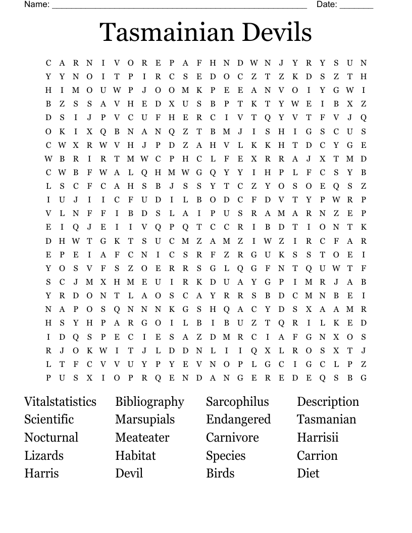 Tasmainian Devils Word Search