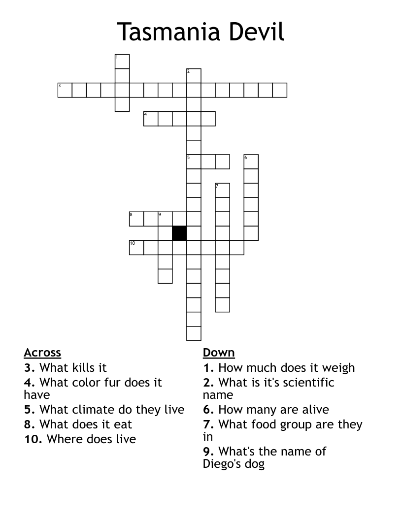 Tasmania Devil Crossword