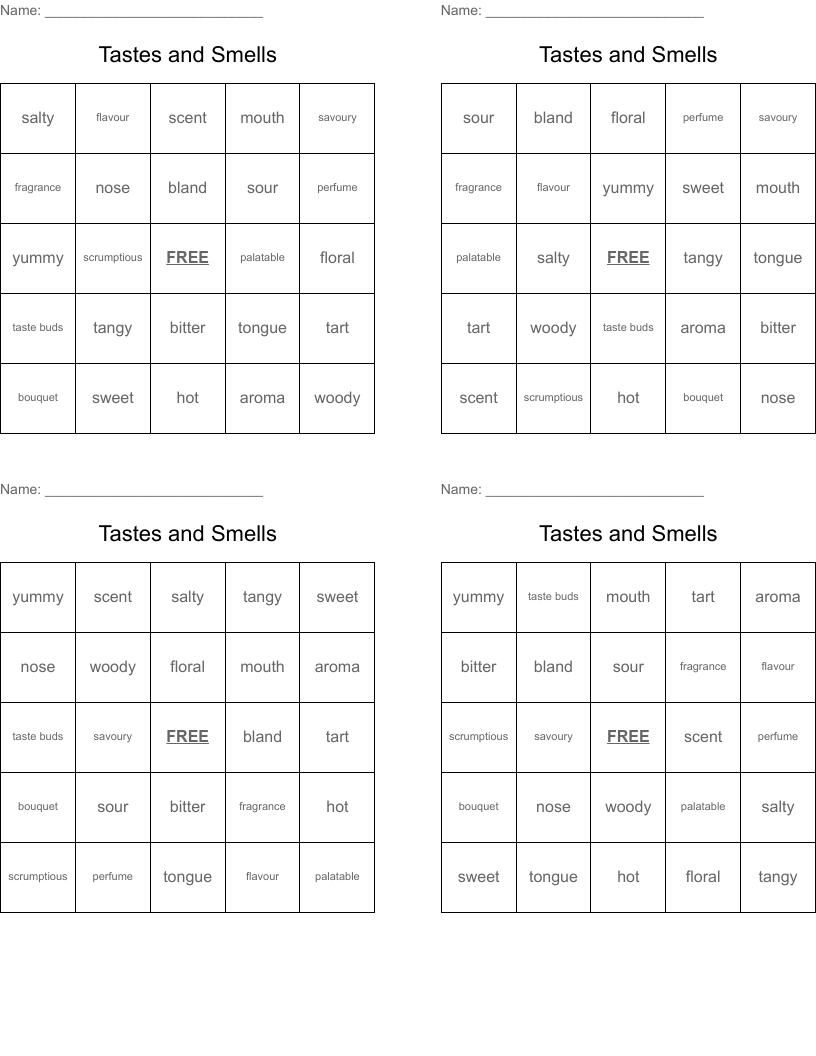 Tastes and Smells Bingo Cards