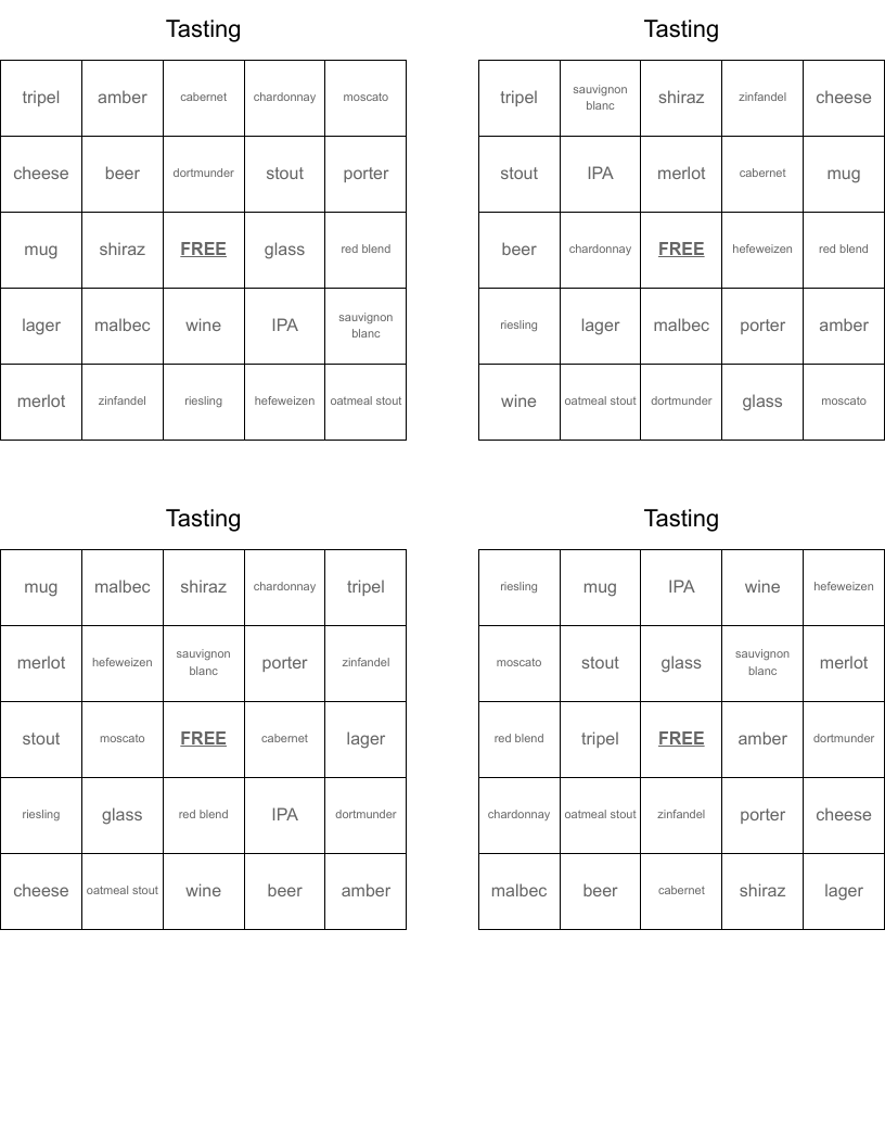 Tasting Bingo Cards