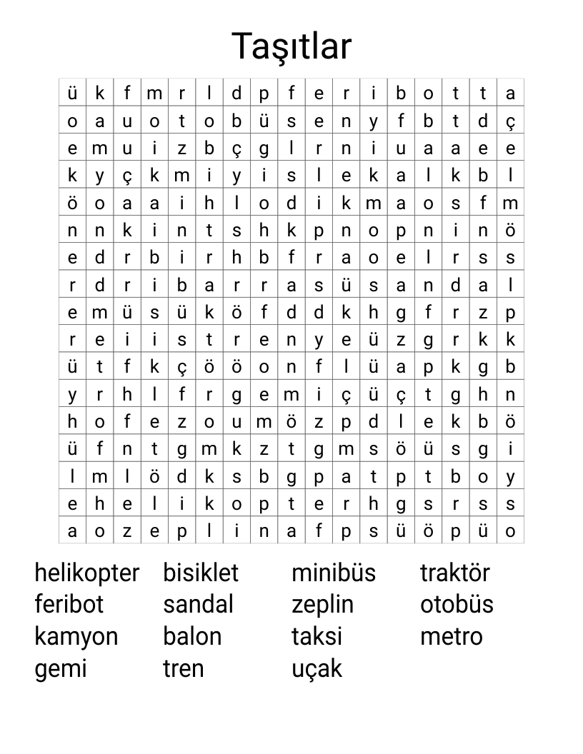 Taşıtlar Word Search
