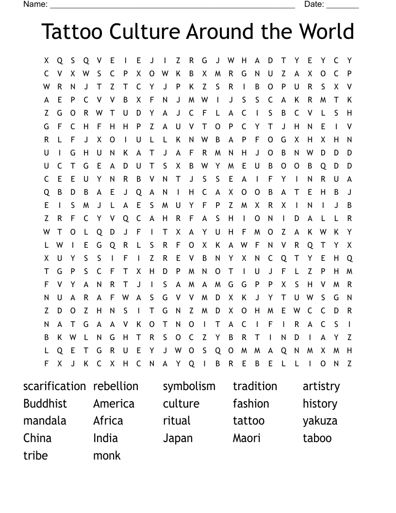 Tattoo Culture Around the World Word Search