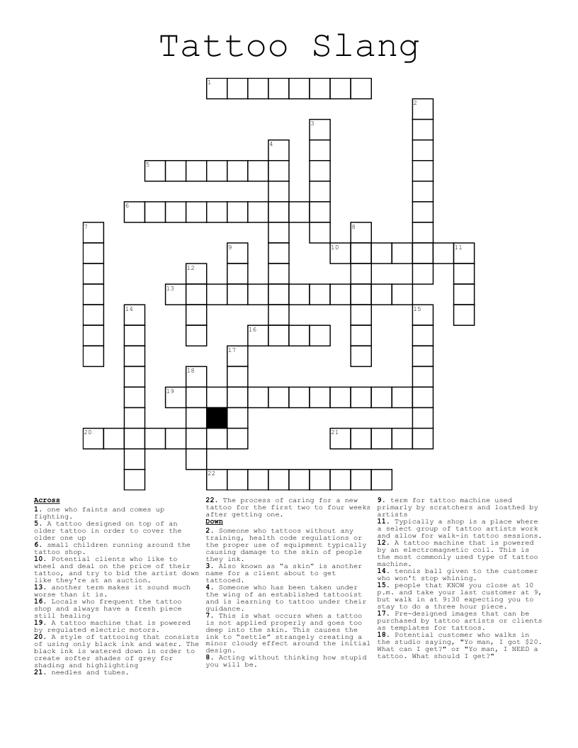 Tattoo Slang Crossword