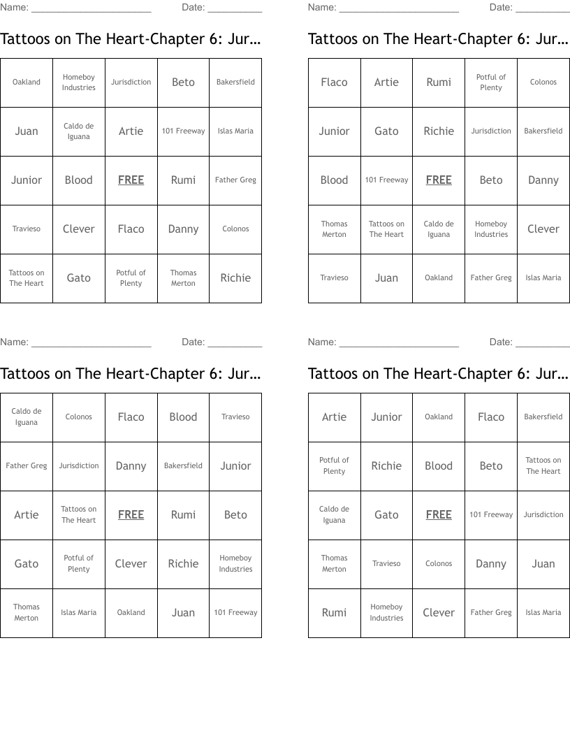 Tattoos on The Heart-Chapter 6: Jurisdiction Bingo Cards