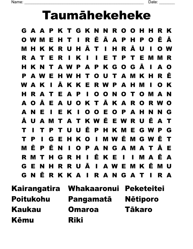 Taumāhekeheke Word Search