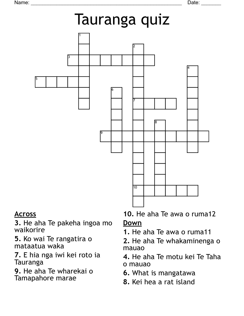 Tauranga quiz Crossword