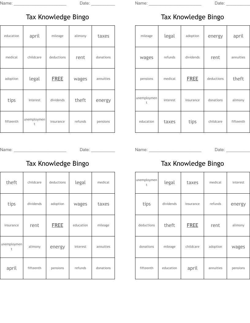 Tax Knowledge Bingo