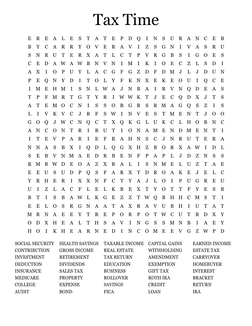Tax Time  Word Search
