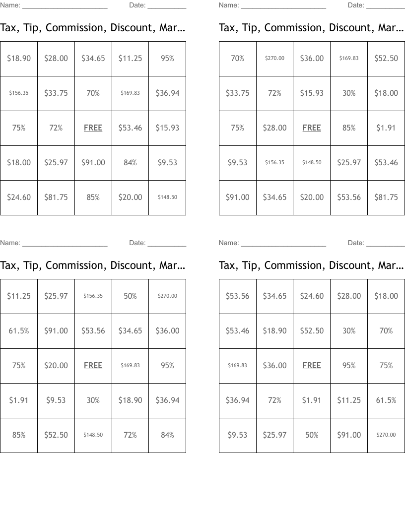 Tax, Tip, Commission, Discount, Markup Bingo Cards